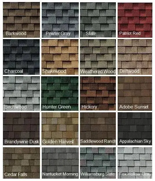 A color chart of different shingles and colors.